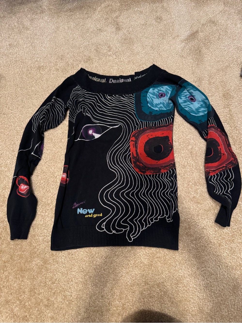 Vintage Desigual cotton off shoulder sweater with abstract print, Small
